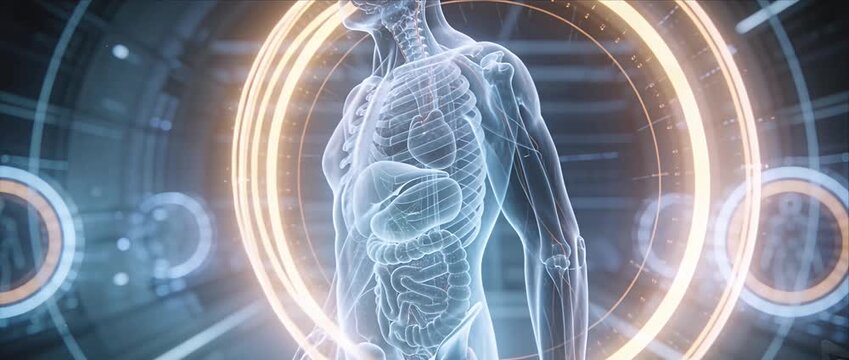Futuristic medical scan human anatomy digital body transparent organ hologram technology background health care science innovation skeleton rib cage spine pelvis liver lung heart abdomen torso