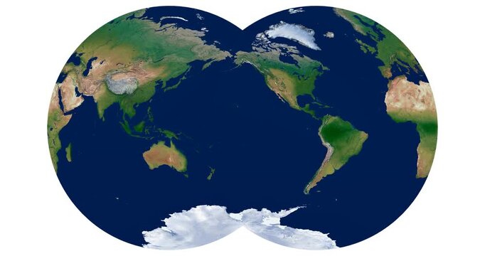 World Map. Van der Grinten IV projection. High detail physical map of Earth. Animated longitude rotation showcasing global geography.