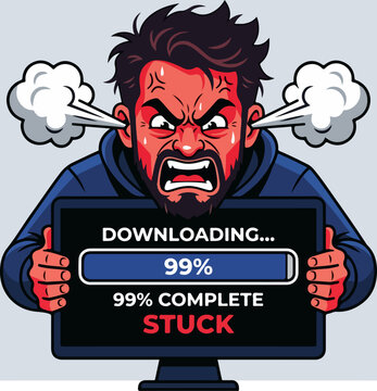 Frustrated man waiting for a slow computer download stuck at ninety nine percent.