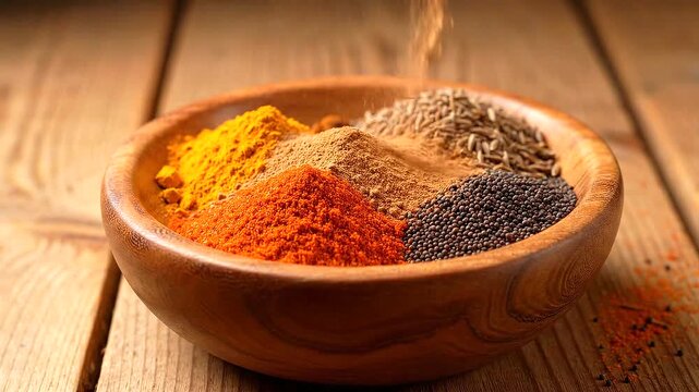 Spices in a wooden bowl on table.