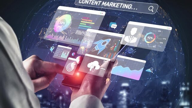 Content marketing interface with data dashboards, analytics charts, and content tools. Marketing success comes from content performance, content planning, and marketing optimization. Muxer