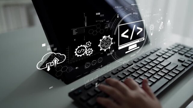 Modern web development concept featuring coding symbols, web development process, web development interface, and web development tools with futuristic design. Muxer