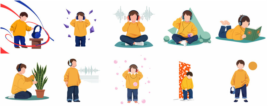 Set of illustrations depicting a young boy with autism or sensory processing disorder using noise-canceling headphones for calmness and focus in different situations