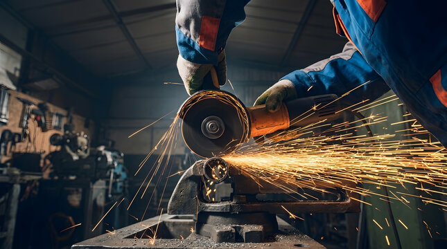 Industrial Metal Fabrication with Angle Grinder and Intense Sparks
