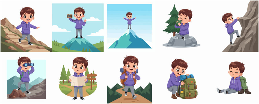 Set of cute cartoon boy character in various hiking and mountaineering activities, little kid mountain climbing adventure icons