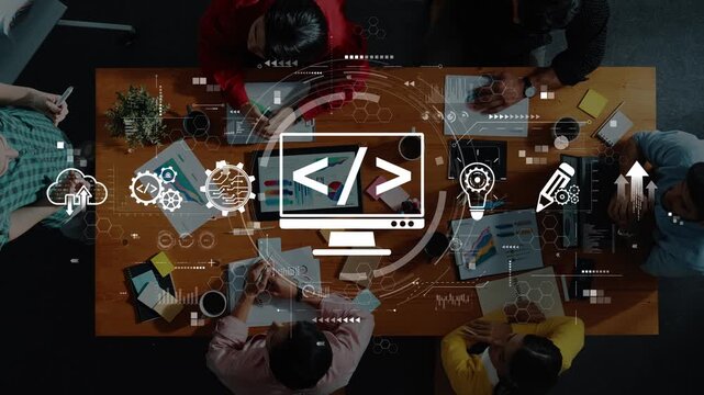 A dynamic workspace shows a diverse group discussing coding and technology, surrounded by digital icons and modern tools, emphasizing teamwork and innovation. Raster