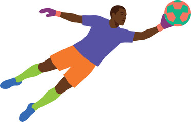 Obraz premium African American male soccer goalkeeper jumping to catch ball in mid air motion