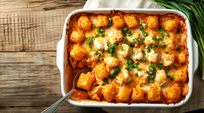 Delicious homemade baked cheese tater tots casserole with melted cheese and green onions ready to serve