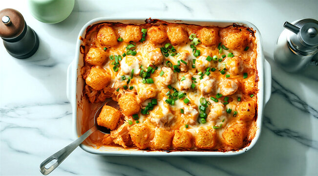 Delicious homemade cheesy tater tot casserole dish with melted cheese and green onions ready to serve