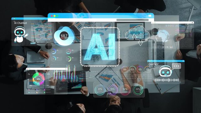 Digital Workspace with AI Chatbot Interface and Data Analytics Visualizations for Technology and Innovation Concepts Sigmoid