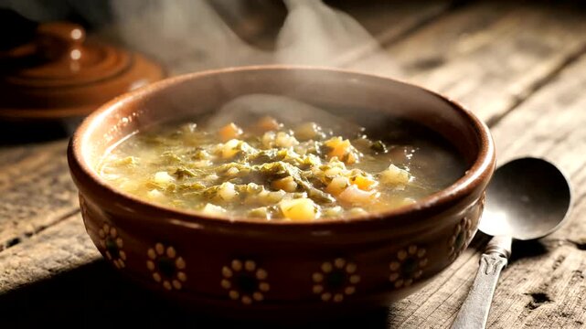 Steaming bowl of soup on table.