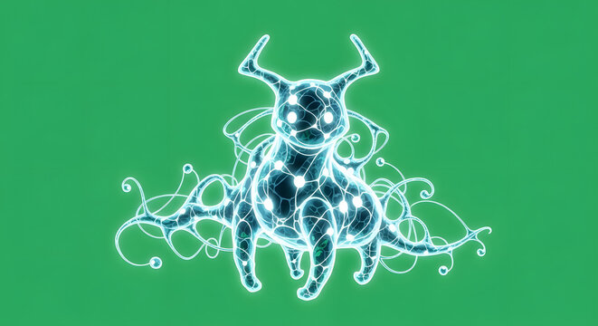 A futuristic neural creature with green screen background illustration shows various nodes and lines.