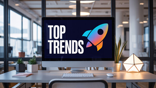 "Top Trends" Text Rocket Digital Presentation on Scren in Modern Office Setting