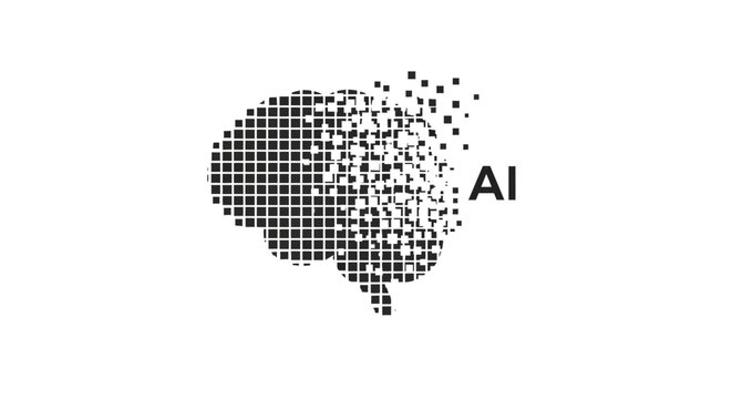 Digital human brain dissolving into pixels with AI letters