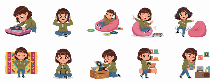 Set of Cute Cartoon Girl Character Enjoying Music with Vinyl Records and Turntables