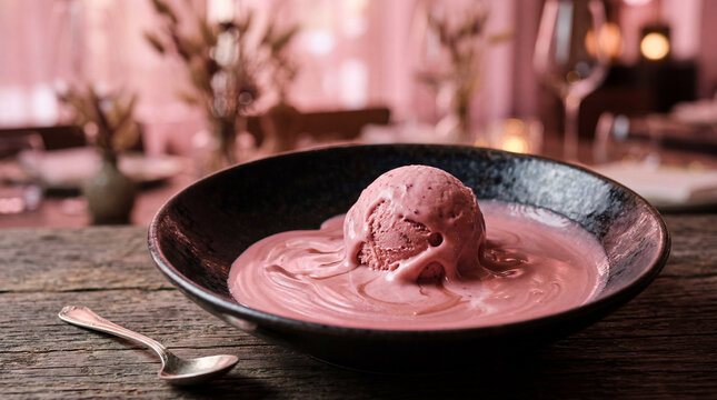 Ruby chocolate ice cream melting into a soft pink liquid ultra creamy delicious treat