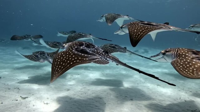 Stingrays swimming underwater ocean.