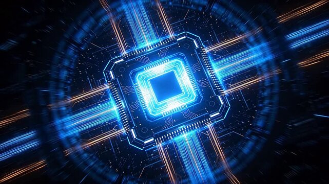 Close-up of glowing electronic chip processor with blue and orange circuit connections on dark background