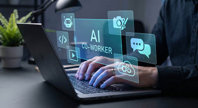 virtual ai coworker software, glowing holographic overlay, typing on laptop keyboard, machine learning automation