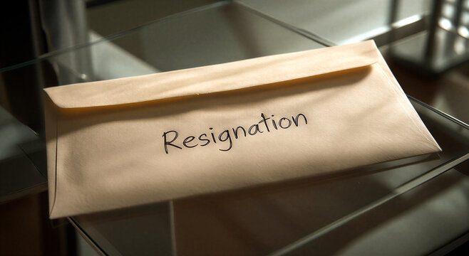 Handwritten resignation letter in a beige envelope placed on a glass desk surface in office setting