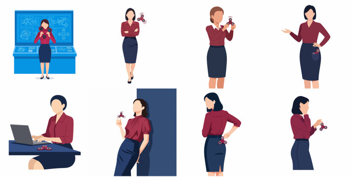 Set of business woman character playing with fidget spinner for stress relief and focus in office illustrations