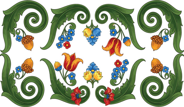 Intricate hand drawn vintage floral vector pattern featuring elegant acanthus leaves, colorful tulips, and delicate forest acorns for traditional decorative background design and invitation borders.