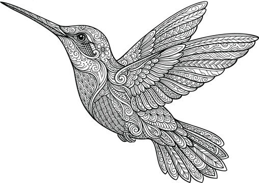 Intricate black and white hummingbird vector illustration with mandala patterns for adult coloring book pages, decorative wall art, and tribal tattoo design elements isolated on white.