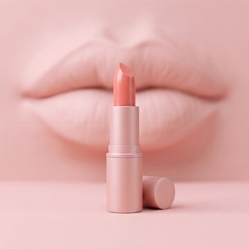 Pink lipstick tube standing in front of soft feminine lips for beauty makeup and cosmetic skincare advertisement
