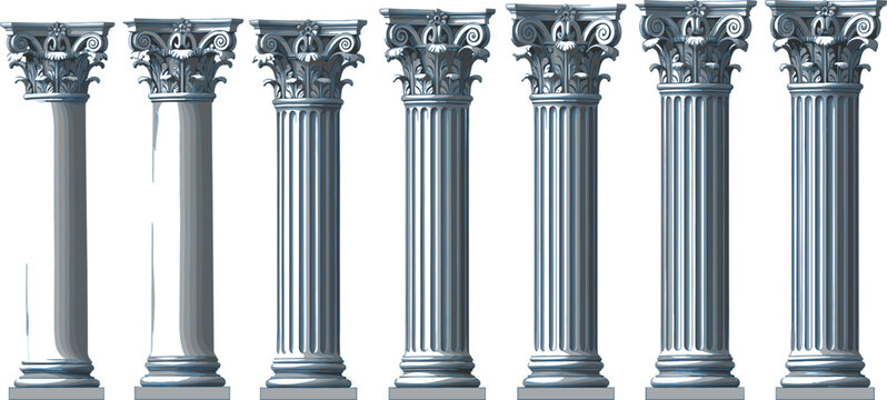 Collection of Classical Greek and Roman Architectural Columns with Corinthian Capitals Detailed Stone Pillar Vector Set for Ancient History Temple Heritage and Luxury Building Design.