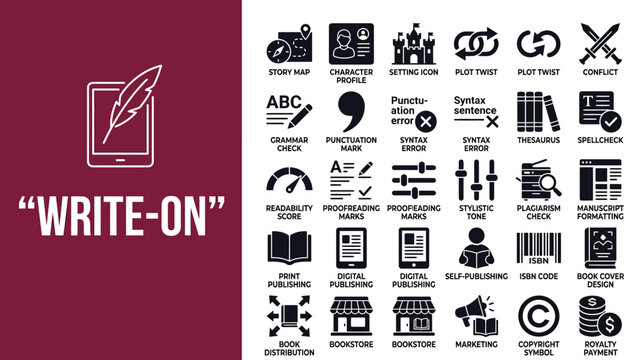Writing icons demonstrate digital publishing and creative composition.
