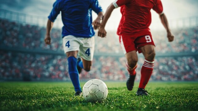 Low angle view of two professional football players in red and blue jerseys running for possession of ball on grass field during stadium match. High quality photo