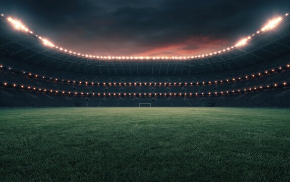 Wide angle shot of professional soccer stadium field at night with bright floodlights illuminating green grass. High quality photo