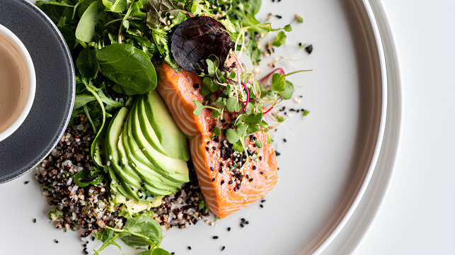 Longevity meal with modern styling and large negative space showcasing premium wellness nutrition and refined healthy lifestyle concept