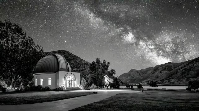 Serene night scene of an observatory with a telescope under a starry sky, perfect for astronomy education or travel marketing.