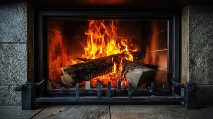 Obraz premium Cozy fireplace with vibrant flames and burning logs, showcasing warmth and comfort during winter nights in a rustic setting