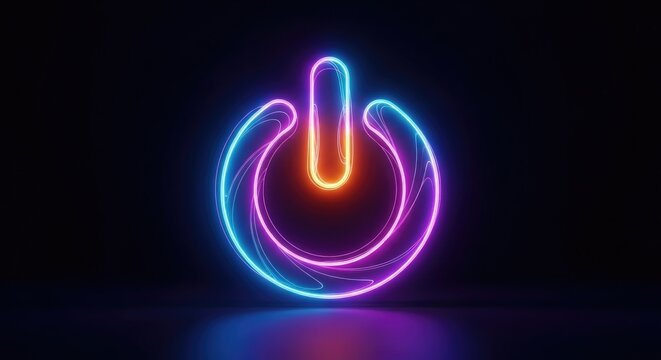 Neon power button symbol with blue pink and orange glow glowing