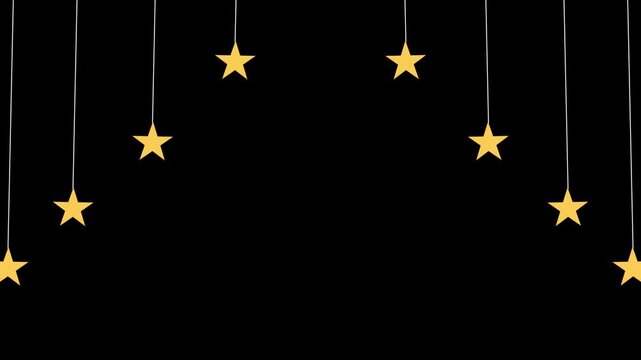 Hanging star decoration background with golden paper stars, thin white strings, black empty space, simple festive layout. birthday videos, party intros, holiday greetings, and celebration overlays.