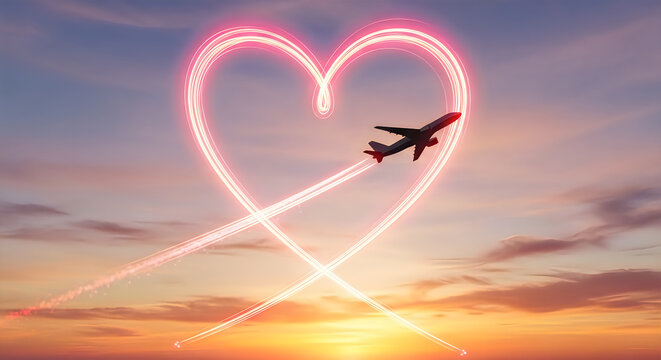 An airplane flies through a glowing heart in the sky during a beautiful sunset.