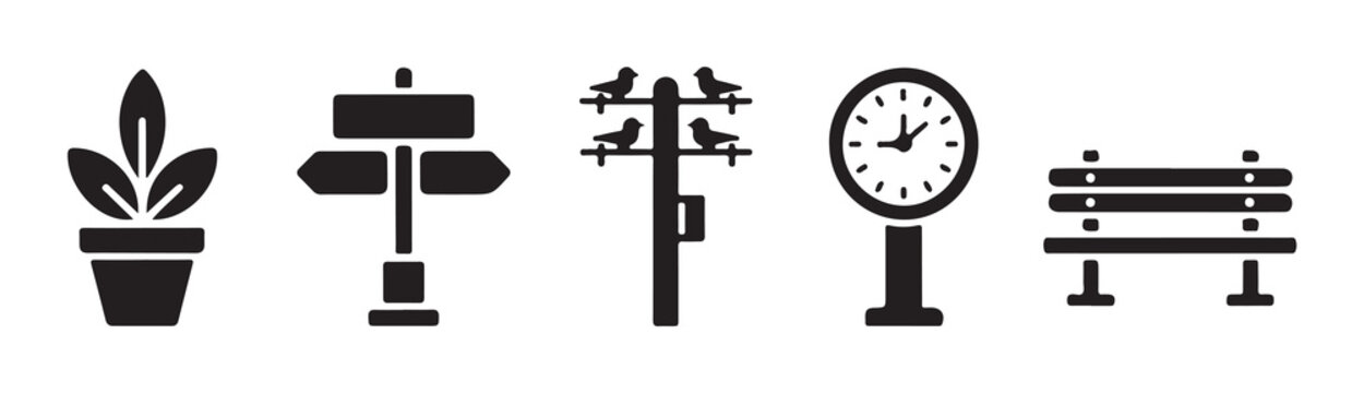 Public park landscape elements set with street clock wooden bench and directional sign post outdoor icons.