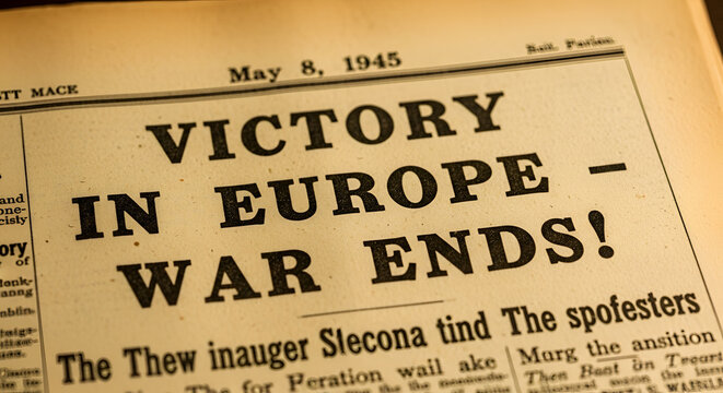 Victory in Europe War Ends Headline May 8 1945 Vintage Newspaper Front Page Announcement