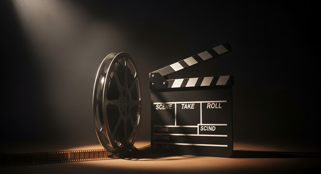 Vintage film reel and clapperboard illuminated by dramatic spotlight on dark background