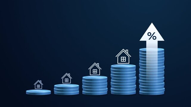 Real estate investment concept. Stacks of coins with house icons and upward percentage arrow representing rising mortgage rates, housing market inflation, property value growth and home price increase