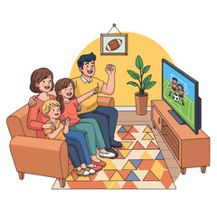 Family watching TV on couch together.