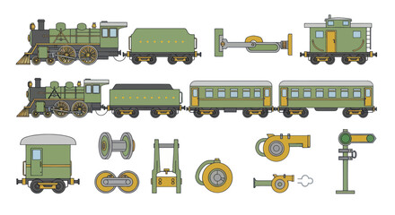 Green train locomotive and rail parts. © ghina