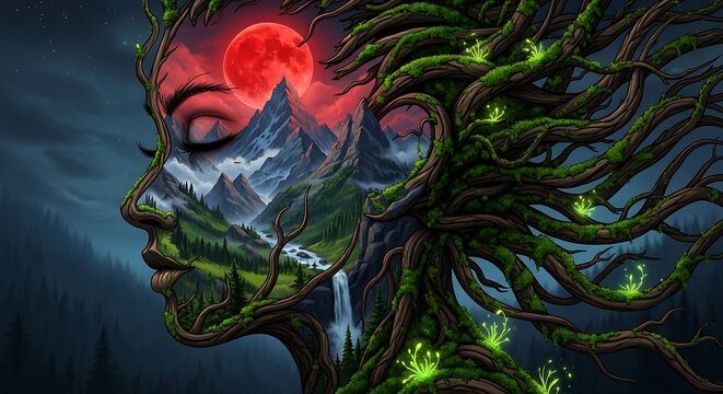 A mystical face with glowing vines and a mountainous landscape inside merges with a red moonlit night sky.