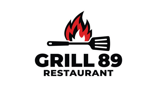 Grill 89 Restaurant Logo with Flames and Spatula.
