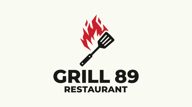 Grill 89 Restaurant Logo with Flames and Spatula.