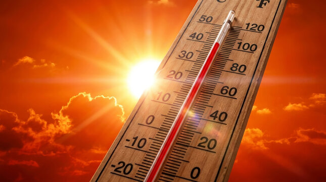 Heat wave summer thermometer temperature sunlight sky cloud climate change, mercury thermometer. Heat wave extreme summer, sun high temperature hot weather, global warming, heat stroke