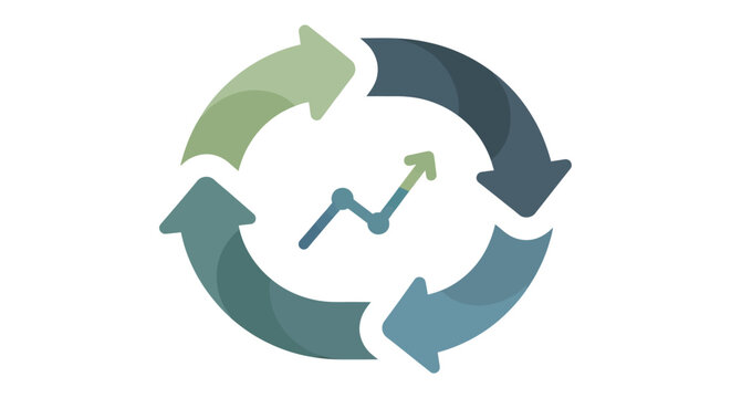 Circular arrows graphic with upward trending line chart inside.