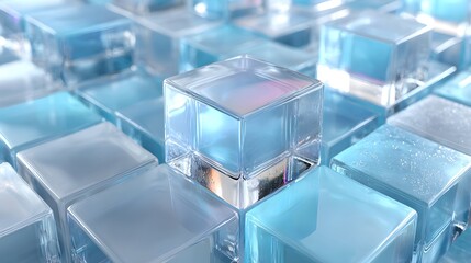 Obraz premium Abstract background of translucent 3D blue glass cubes with soft reflections. Modern geometric block structure with depth.